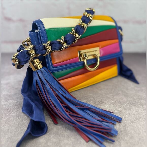 Salvatore Ferragamo Solaria Rainbow Flap Bag Striped Leather Small - Picture 1 of 16